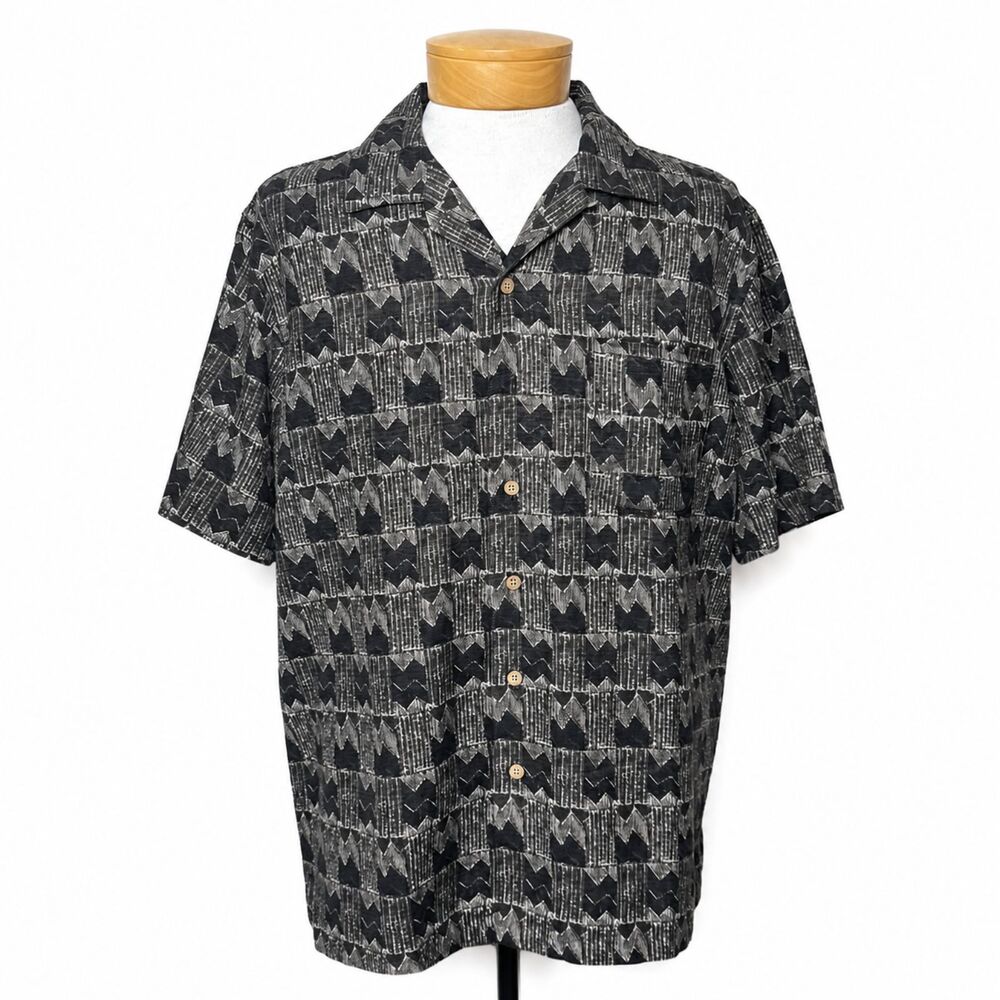 Vintage Batik Bay 100% Silk Shirt Mens Large Black Tan Abstract Geometric Camp